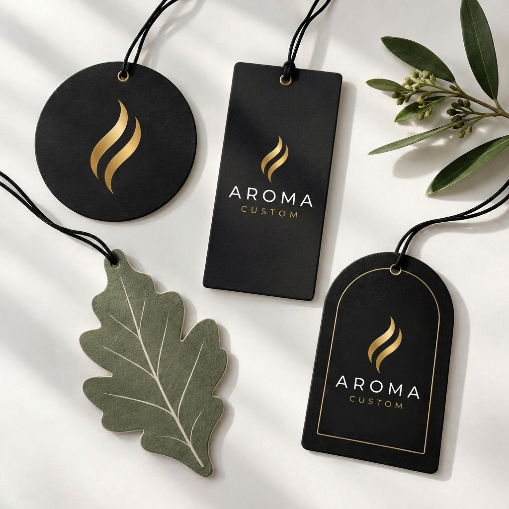 Exemplos ilustrativos de aromatizadores personalizados em formatos e cores diferentes